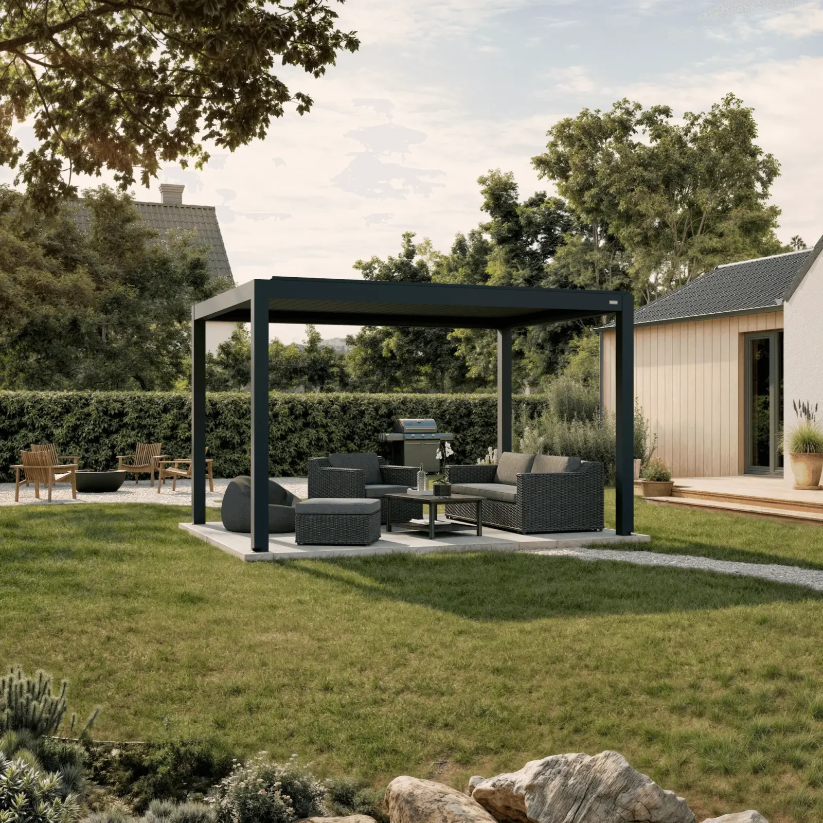 Freistehende HUUN Equa Pergola als Beispiel für die Montageplanung