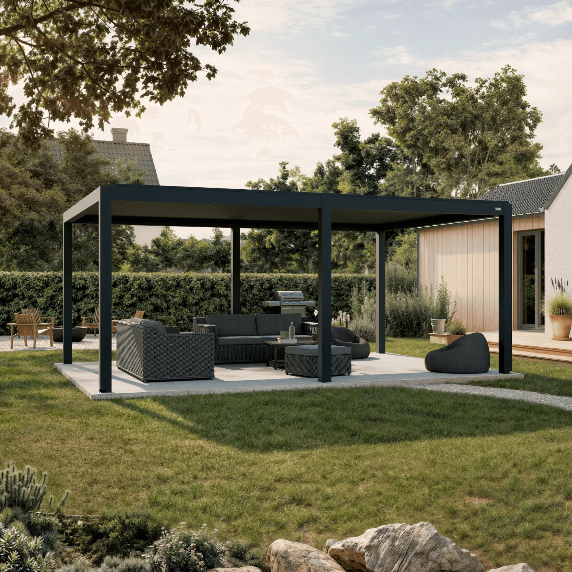 Bioklimatische HUUN Equa Pergola 3,5x6m mit elektrischem Lamellendach