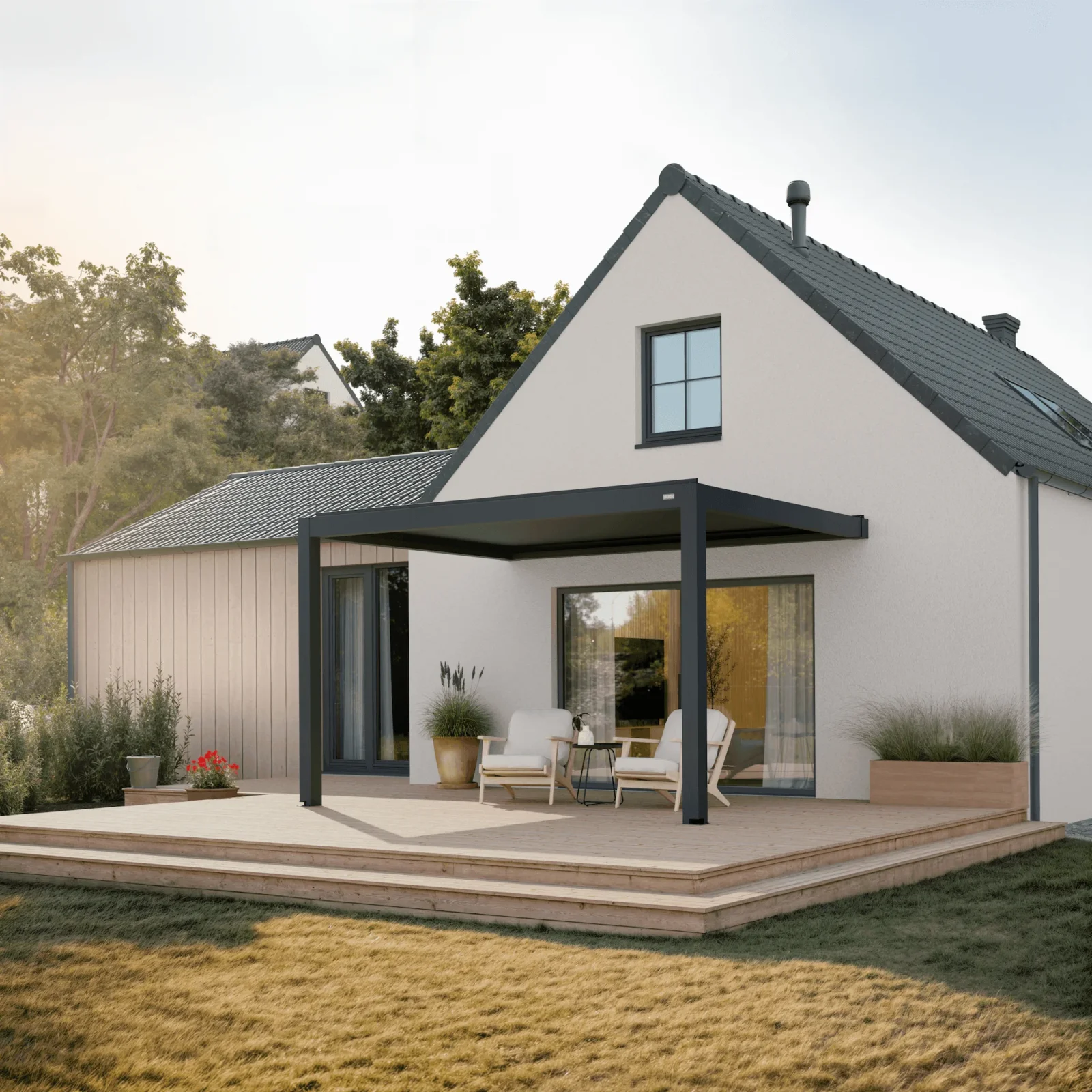 Wandmontierte HUUN Equa Pergola als Beispiel für den Anschluss an ein Gebäude