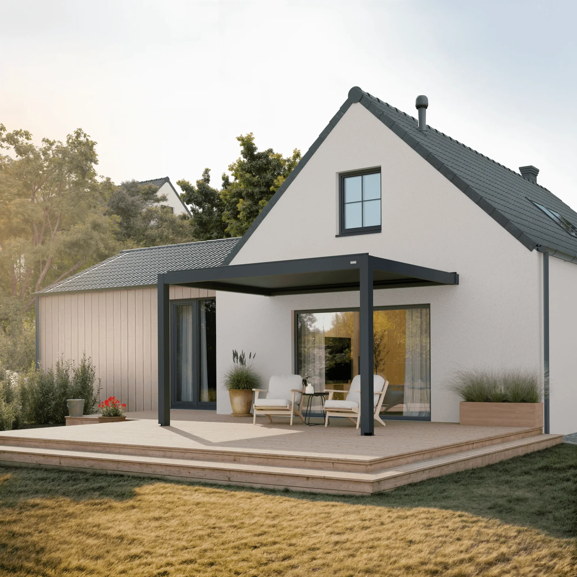 Equa 3 × 4 m in Anthrazit als Wandmontage mit zwei Bodenpfosten