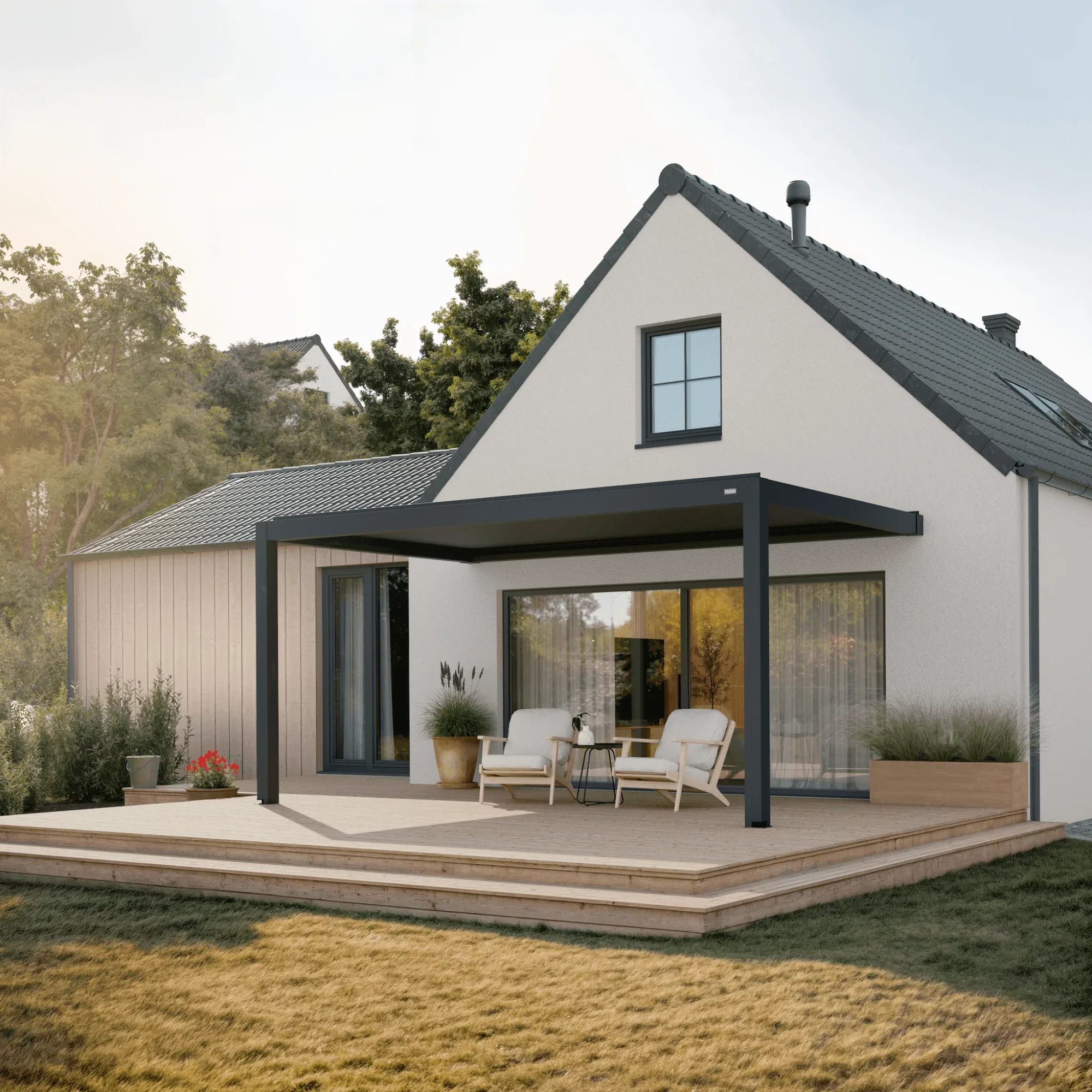 HUUN Pergola 3x5 in Wandmontage an einer Hausfassade