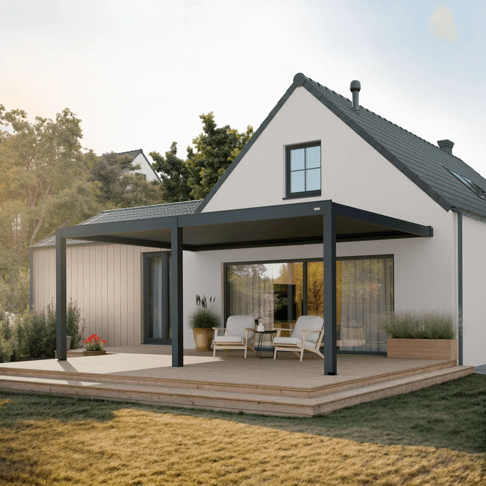 HUUN Equa Pergola mit elektrischem Lamellendach als Wandmontage