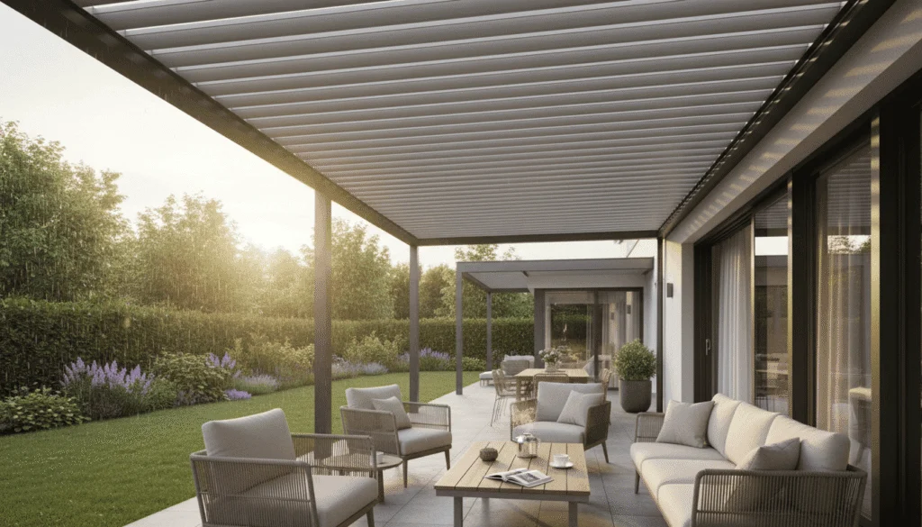 Bioklimatische HUUN Equa Pergola als moderner 4x5 Terrassenbereich