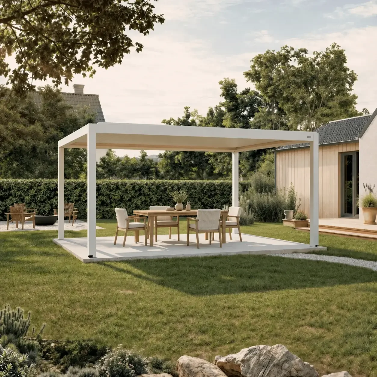 Planungsvisualisierung einer weißen HUUN Pergola mit Esstisch und Stühlen