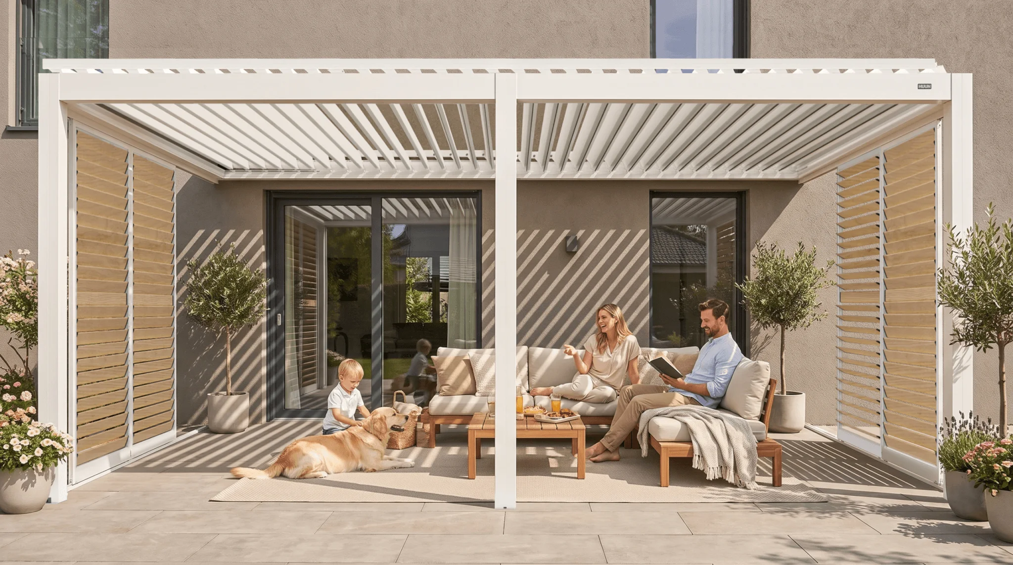 Pergola von HUUN als einladender Wohnbereich im Freien