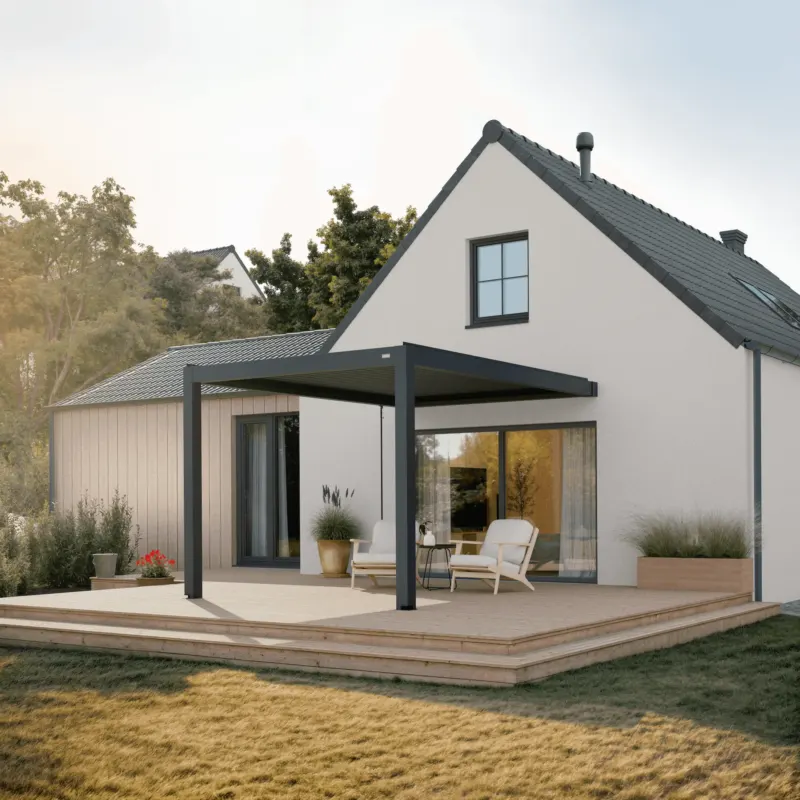 Bioklimatische Pergola 3x4m in Anthrazit, Wandmontage. Moderne Aluminium Terrassenüberdachung mit verstellbarem Lamellendach für optimalen Wetterschutz.