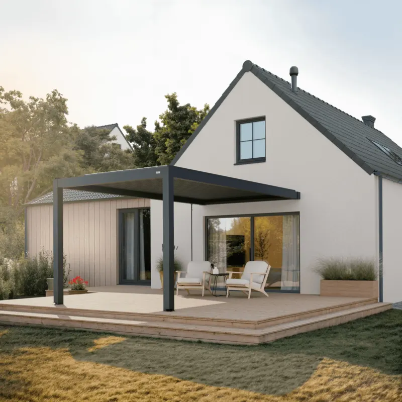 Wandmontierte Pergola 3x5m in Anthrazit (RAL 7016). Bioklimatische Aluminium Terrassenüberdachung mit beweglichen Lamellen für optimalen Wetterschutz.