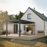 Wandmontierte Pergola 3x5m in Anthrazit (RAL 7016). Bioklimatische Aluminium Terrassenüberdachung mit beweglichen Lamellen für optimalen Wetterschutz.