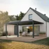 Große bioklimatische Pergola 4x6m in Anthrazit, Wandmontage. Massive Aluminium Terrassenüberdachung mit motorisierten Lamellen für exklusiven Sonnenschutz.