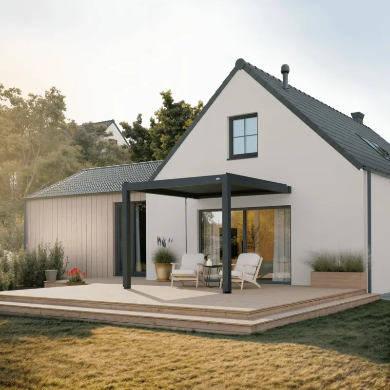 Bioklimatische Wandpergola 3x3m in Anthrazit. Hochwertiges Lamellendach aus Aluminium zur Wandmontage für modernen Sonnenschutz.